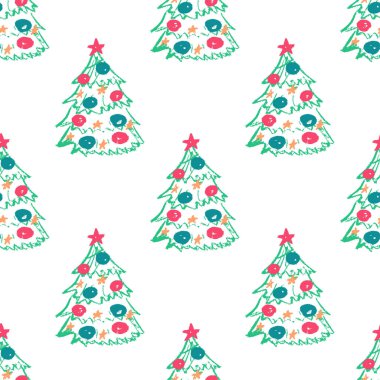 Christmas seamless pattern. Children's drawings with wax crayons. Christmas tree, new year. Print for cloth design, textile, fabric, wallpaper, wrapping