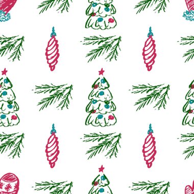 Christmas seamless pattern. Children's drawings with wax crayons. New Year holidays. Print for cloth design, textile, fabric clipart