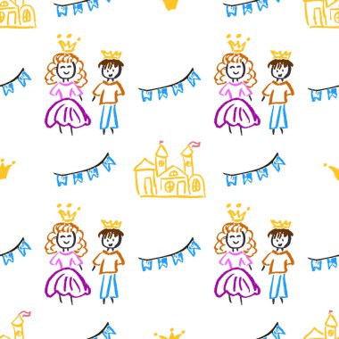 Fairytale seamless pattern. Castle, princess. Children's drawings with wax crayons. Print for cloth design, textile, fabric, wallpaper, wrapping paper