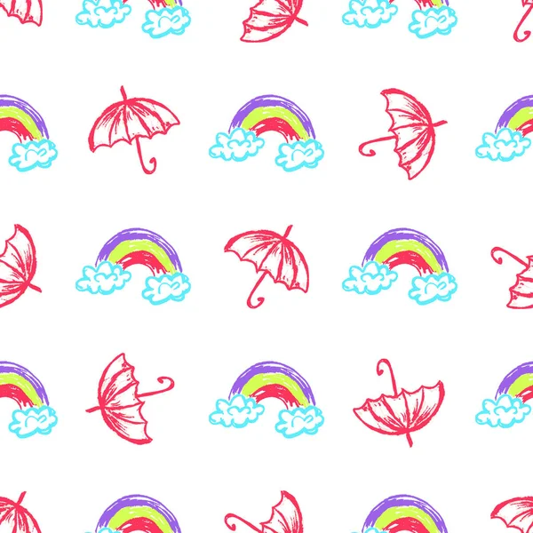 Umbrellas seamless pattern. Children's drawings with wax crayons. Rainbow. Print for cloth design, textile, fabric