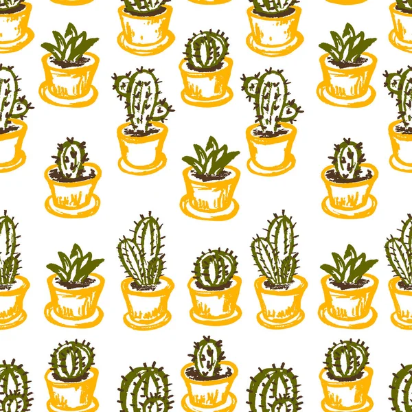 Cactus seamless pattern. Children's drawings with wax crayons. Home plants in pots. Print for cloth design, textile, fabric, wrapping paper