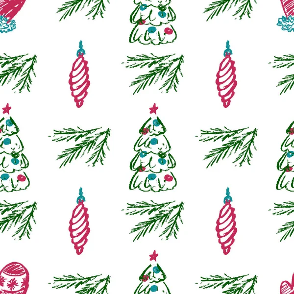 クリスマスのシームレスなパターン ワックスクレヨンで子供の絵 年末年始 布のデザイン 生地のための印刷 — ストックベクタ