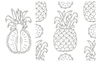 Tropik meyvelerle renklendirme deseni. El çizimi tarzında ayarlanmış. Ananas. Kumaş, ambalaj, ambalaj vs. için kullanılabilir