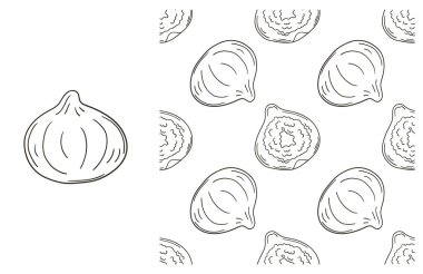 İncir. Mutfak, restoran ya da dükkan için renk deseni. El çizimi tarzında ayarlanmış. Kumaş, ambalaj, ambalaj kağıdı vs. için kullanılabilir