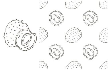 Litchi. Mutfak, restoran ya da dükkan için renk deseni. El çizimi tarzında ayarlanmış. Kumaş, ambalaj, ambalaj vs. için kullanılabilir
