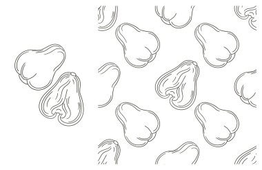 Gül elması, Chom-poo. Tropik meyvelerle renklendirme deseni. El çizimi tarzında ayarlanmış. Kumaş, ambalaj, ambalaj kağıdı vs. için kullanılabilir