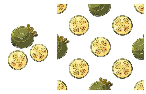 Feijoa Vagyok Zökkenőmentes Minta Trópusi Gyümölcsökkel Kézzel Rajzolt Stílus Használható — Stock Vector