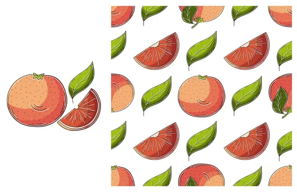 Pomelo Naranja Roja Patrón Sin Costura Con Frutas Tropicales Establecer — Vector de stock