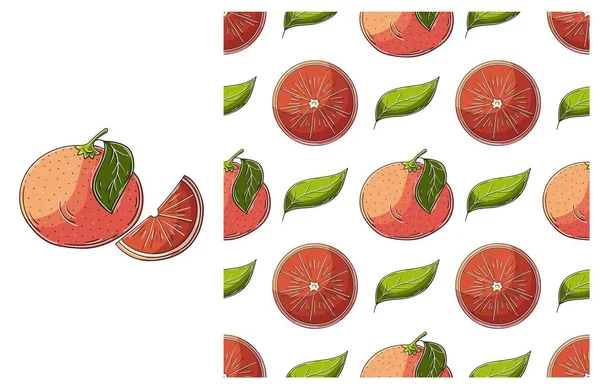 グレープフルーツ 赤オレンジ トロピカルフルーツとシームレスなパターン 手描きスタイルで設定します 包装などに使用できます — ストックベクタ