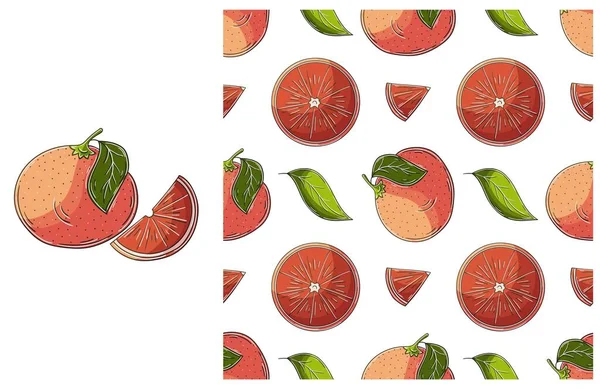 グレープフルーツ 赤オレンジ トロピカルフルーツとシームレスなパターン 手描きスタイルで設定します 生地などに使用できます — ストックベクタ