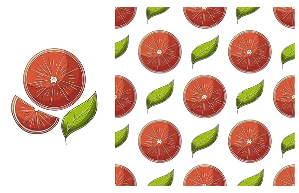グレープフルーツ 赤オレンジ トロピカルフルーツとシームレスなパターン 手描き風に設定 — ストックベクタ