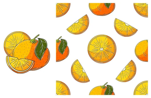 Апельсини Безшовний Візерунок Кухні Ресторану Або Магазину Встановити Стиль Малювання — стоковий вектор