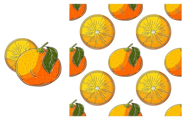 オレンジだ キッチン レストラン ショップのためのシームレスなパターン 手描きスタイルで設定します 生地などに使用できます — ストックベクタ