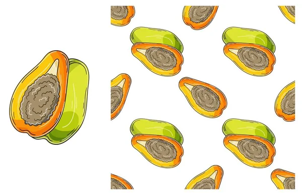 Papaya Melone Modello Senza Cuciture Cucina Ristorante Negozio Impostare Mano — Vettoriale Stock