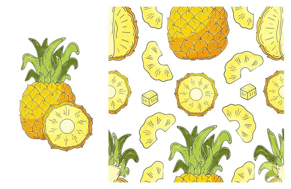 Piña Patrón Sin Costura Con Frutas Tropicales Establecer Mano Estilo — Vector de stock