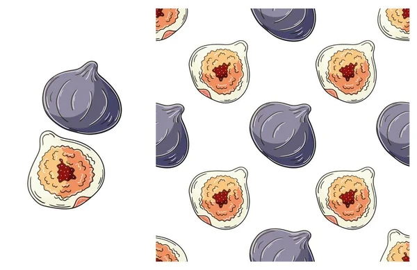 Seamless Pattern Kitchen Restaurant Shop Figs Set Hand Draw Style — Stock Vector