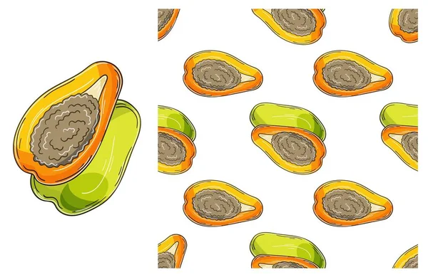 Modello Senza Cuciture Cucina Ristorante Negozio Papaya Melone Set Mano — Vettoriale Stock