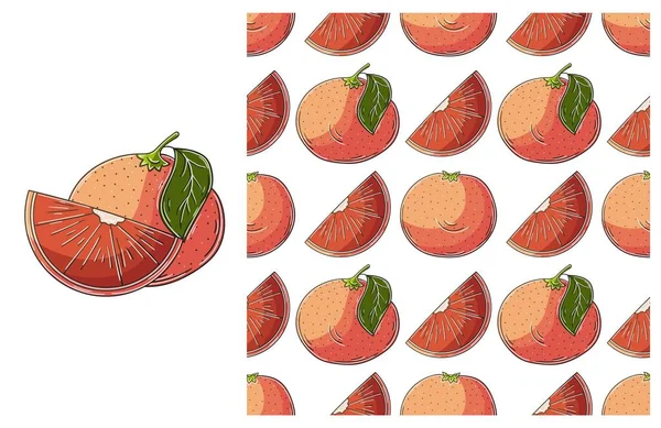 トロピカルフルーツとシームレスなパターン グレープフルーツ 赤オレンジ 手描きスタイルで設定します 生地などに使用できます — ストックベクタ