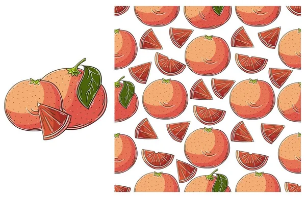 トロピカルフルーツとシームレスなパターン グレープフルーツ 赤オレンジ 手描きスタイルで設定します 包装などに使用できます — ストックベクタ