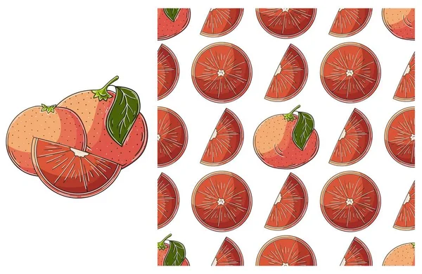 トロピカルフルーツとシームレスなパターン グレープフルーツ 赤オレンジ 手描きスタイルで設定します 包装紙などに使用できます — ストックベクタ