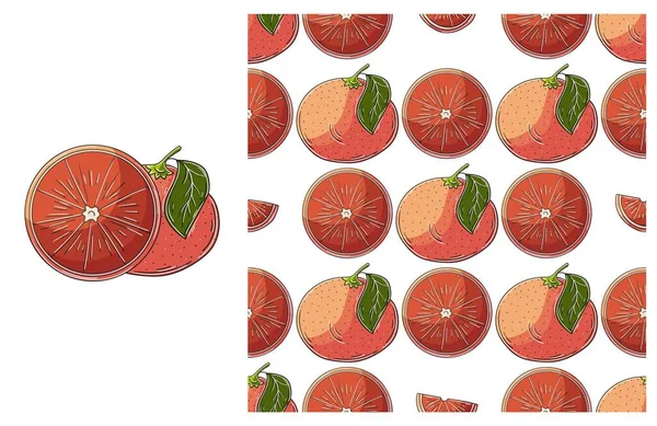 トロピカルフルーツとシームレスなパターン 手描きスタイルで設定します グレープフルーツ 赤オレンジ 生地などに使用できます — ストックベクタ