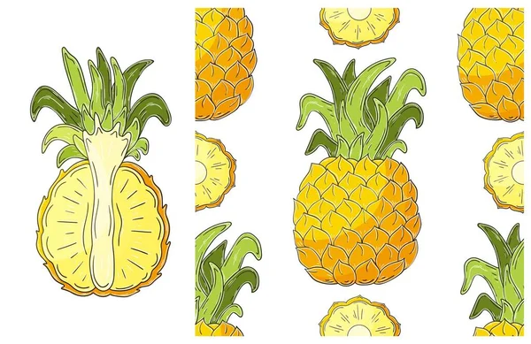 Nahtloses Muster Mit Tropischen Früchten Set Hand Zeichnen Stil Ananas — Stockvektor