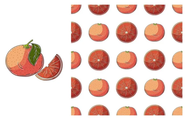 手描きスタイルで設定します グレープフルーツ 赤オレンジ トロピカルフルーツとシームレスなパターン 生地に使用できます — ストックベクタ