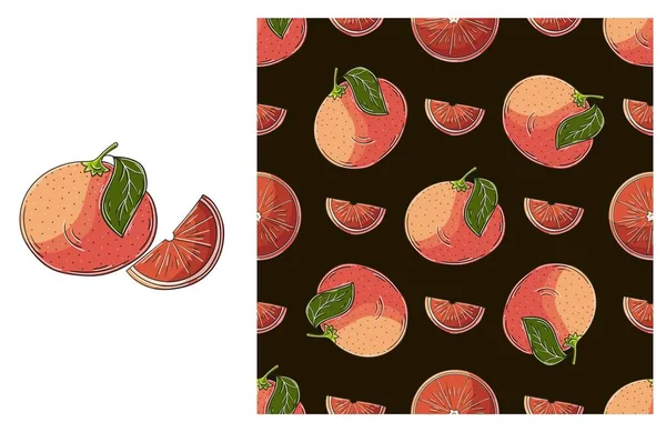 手描きスタイルで設定します グレープフルーツ 赤オレンジ トロピカルフルーツとシームレスなパターン 包装などに使用できます — ストックベクタ