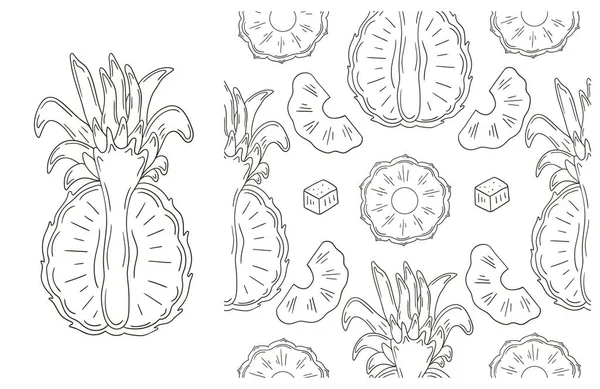 stock vector Coloring pattern with tropical fruits. Set in hand draw style. Pineapple. Can be used for fabric and etc