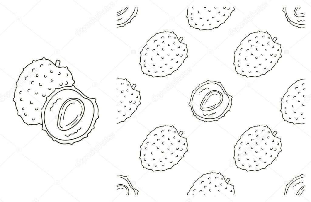 Coloring pattern for kitchen, restaurant or shop. Set in hand draw style. Litchi. Can be used for fabric, packaging, wrapping paper and etc