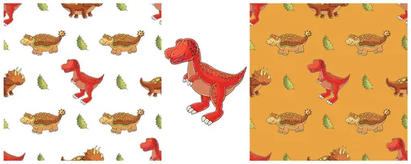 Establecer Patrón Dinosaurios Niños Divertidos Fondo Colorido Del Vector Del — Vector de stock