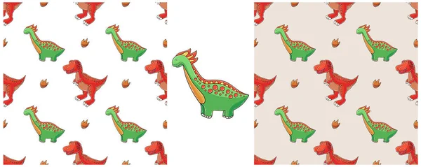 Stellen Sie Lustige Kinder Dinosaurier Muster Tyrannosaurier Bunte Dinosaurier Vektor — Stockvektor