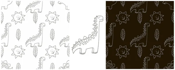 Conjunto Coloração Dinossauros Padrão Sem Costura Dinossauros Período Jurássico —  Vetores de Stock