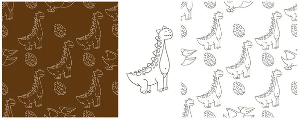 Dinossauros Período Jurássico Conjunto Coloração Dinossauros Padrão Sem Costura Impressão — Vetor de Stock