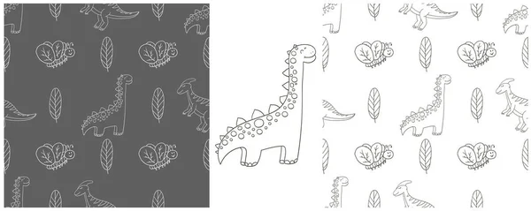 Dibujado Mano Set Dinosaurios Patrón Sin Costura Dinosaurios Fondo Para — Vector de stock