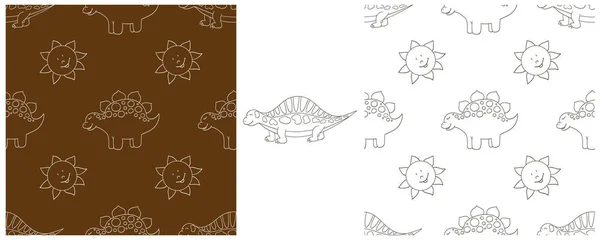 面白い子供の恐竜のパターンを設定します 恐竜のベクトルの背景を着色 ステゴサウルス プリント — ストックベクタ