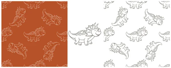 Set Drôle Modèle Dinosaure Enfants Coloriage Fond Vecteur Dinosaure Tricératops — Image vectorielle