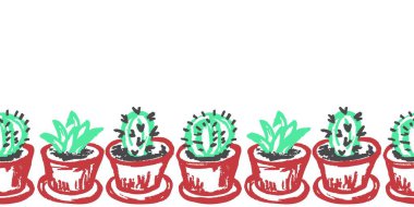 Güzel, pürüzsüz bir sınır. Kaktüs. Balmumu renkli çizimler. Kağıt, kumaş, iç dekorasyon ve diğer kullanım için vektör tasarımı