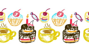 Şenliksiz sınır. Pastalar, pastalar. Balmumu renkli çizimler. Dekor için vektör tasarımı