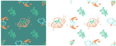 Kusursuz bir desen. Balmumu boya kalemleriyle çizimler yap. Roketler, UFO, galaksi. Yazdır