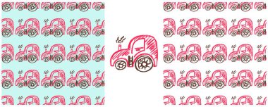 Oğlanlar kusursuz kalıplar. Traktör. Balmumu boya kalemleriyle çizimler yap. Kumaş tasarımı, tekstil, kumaş, duvar kağıdı, ambalaj için yazdırma