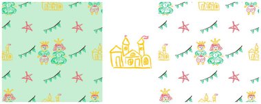 Peri masalı gibi kusursuz desen. Kale, prenses. Balmumu boya kalemleriyle çizimler yap. Kumaş tasarımı, tekstil, kumaş, duvar kağıdı, ambalaj için yazdırma