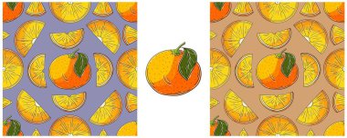 Mutfak, restoran ya da dükkan için kusursuz desen. Portakallar. El çizim biçiminde ayarlanmış renk. Kumaş, ambalaj vs. için kullanılabilir