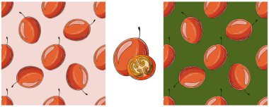 Tropikal meyveli kusursuz desen. Tamarillo. El çizimi tarzında ayarlanmış. Renk paketleme, paketleme ve benzeri şeyler