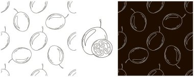 Tropikal meyveli kusursuz desen. Tamarillo. El çizimi tarzında ayarlanmış. Tek renkli ambalaj, ambalaj ve benzeri şeyler.