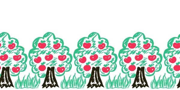 Niedliche Nahtlose Grenze Apfelbäume Zeichnungen Mit Wachsmalstiften Vektor Design Für — Stockvektor