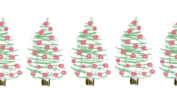 Niedliche Nahtlose Grenze Weihnachtsbäume Zeichnungen Mit Wachsmalstiften Vektor Design Für — Stockvektor