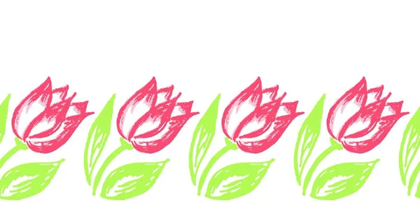 Квітковий Безшовний Кордон Тюльпани Малюнки Восковими Олівцями Векторний Дизайн Паперу — стоковий вектор