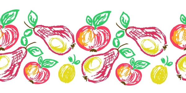 Nahtlose Grenze Äpfel Und Birnen Zeichnungen Mit Wachsmalstiften Vektor Design — Stockvektor
