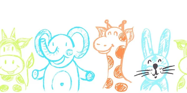 Zoo Seamless Border Animals Drawings Wax Crayons Vector Design Paper — Stock Vector